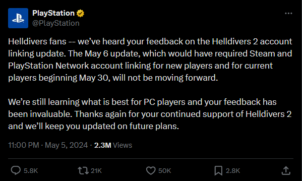 Sony backed down on Helldivers PSN link.png